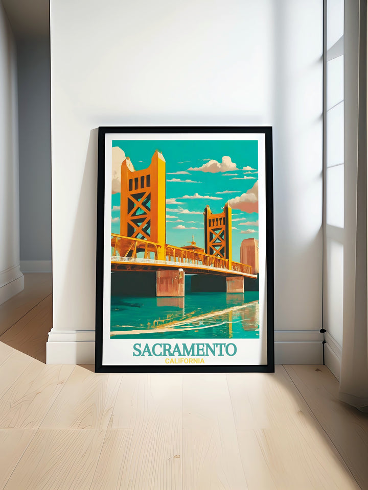 Elegant black and white Sacramento Print featuring a detailed street map of the city with Tower Bridge making it a perfect addition to any living room bedroom or office wall decor capturing the citys unique charm and sophistication