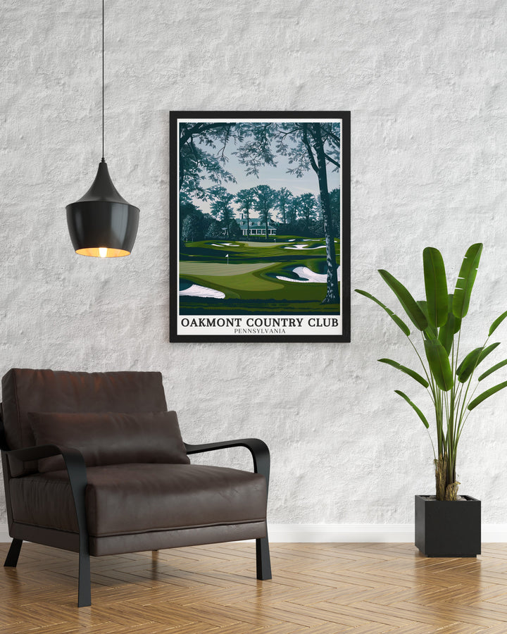 This Oakmont Country Club print captures Oakmonts Course and the Oakmont country club house in vibrant detail perfect for adding a touch of elegance to your home decor whether displayed in a living room study or office this piece of Pennsylvania art stands out