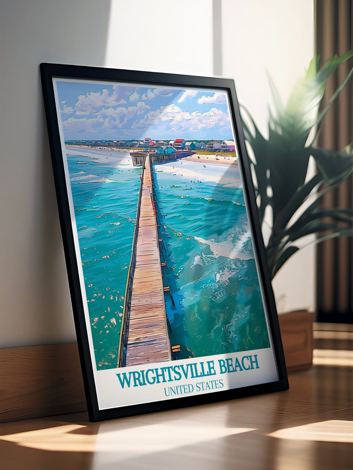 Wrightsville Beach Poster Print and Crystal Pier art create a captivating focal point in your living space. The vibrant city art print reflects the beauty of North Carolinas shoreline offering a soothing color palette that enhances minimalist or vintage decor themes.