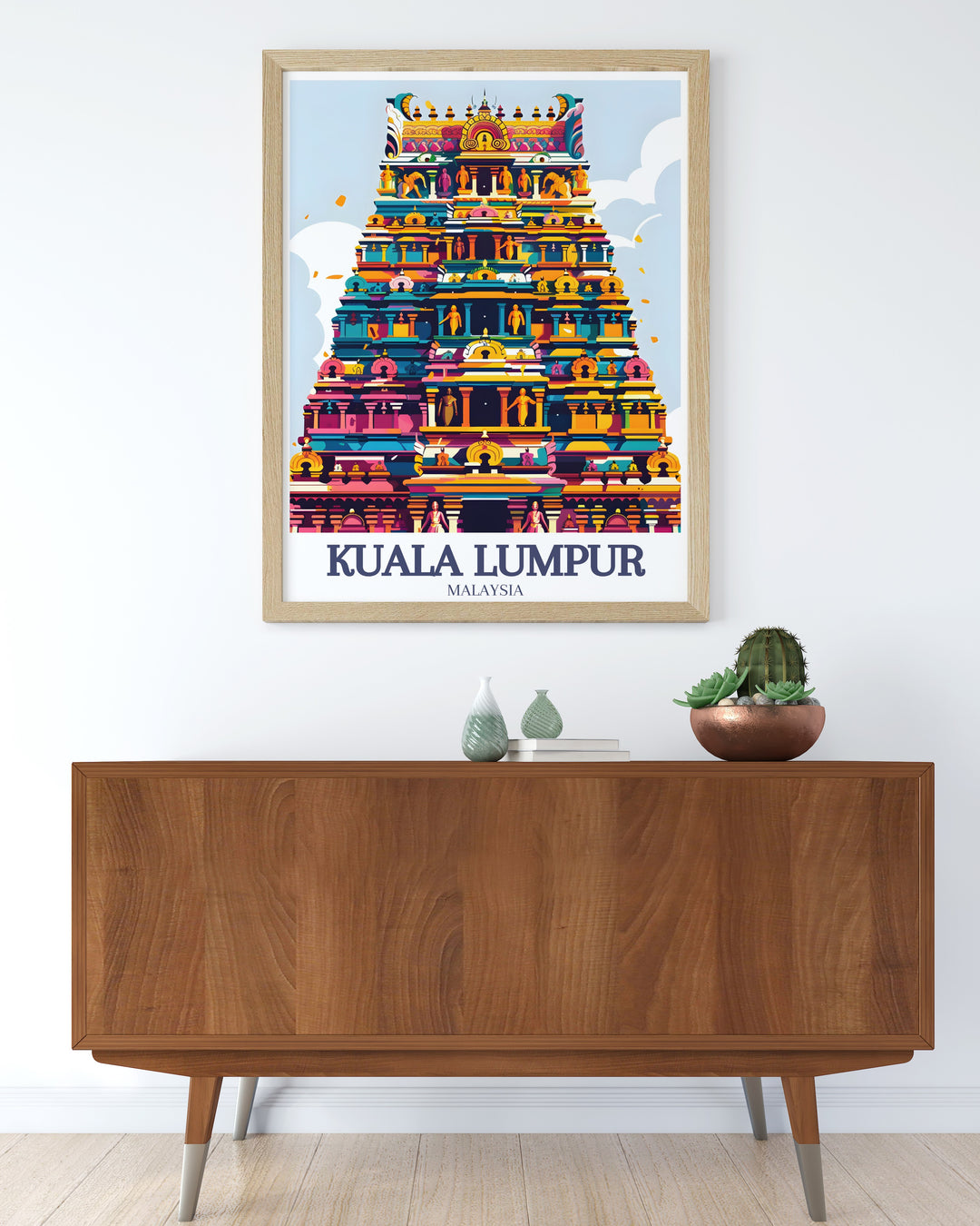 Kuala Lumpur art print highlighting the sacred Sri Maha Mariamman Temple and the bustling streets of Jalan Bandar. This travel poster is a wonderful homage to Malaysias rich history and vibrant modern life, ideal for lovers of cultural landmarks and cityscapes.