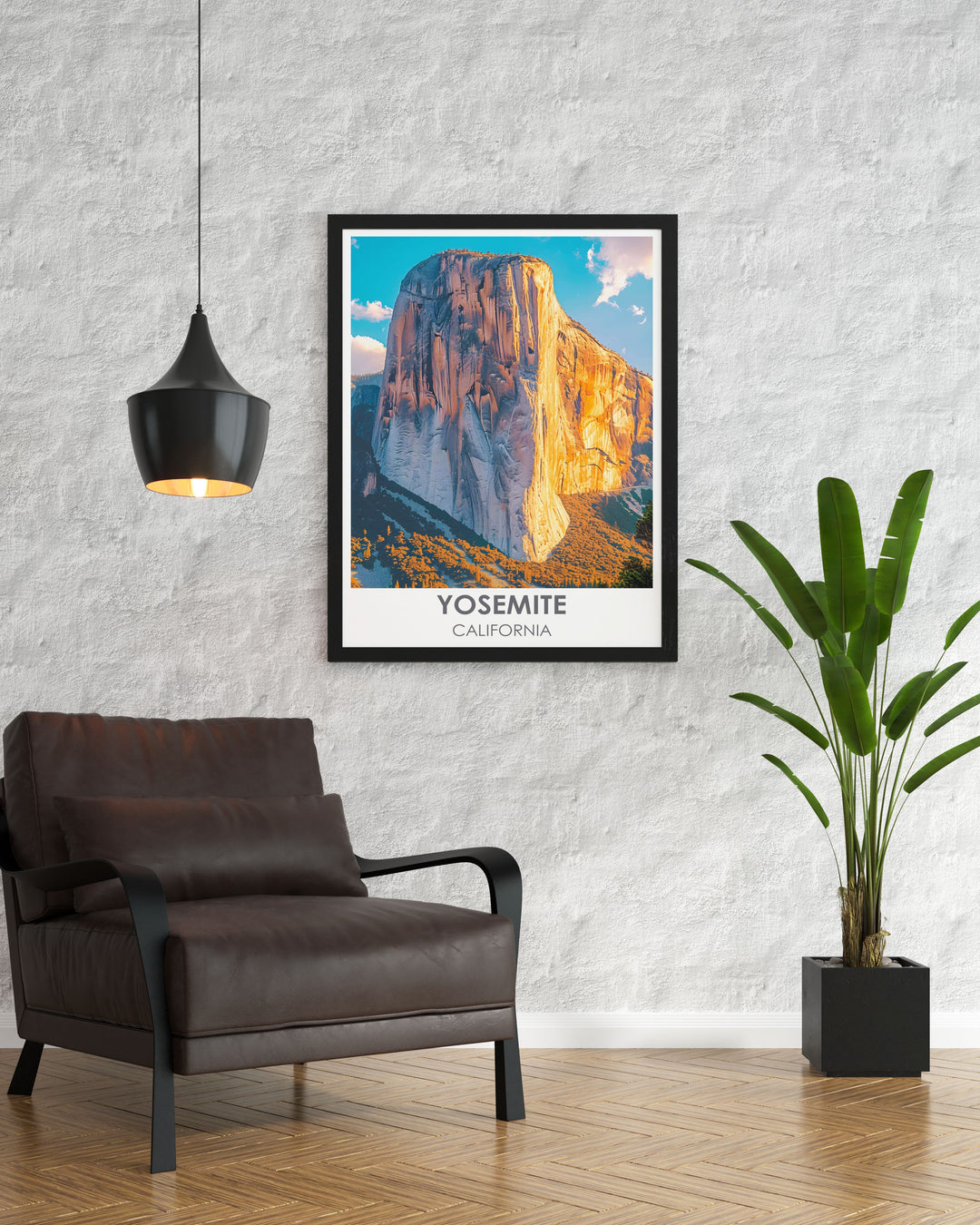 This travel print of Yosemite National Park depicts the Pacific Crest Trail, offering a glimpse into the diverse ecosystems and breathtaking views that hikers experience along this renowned trail.