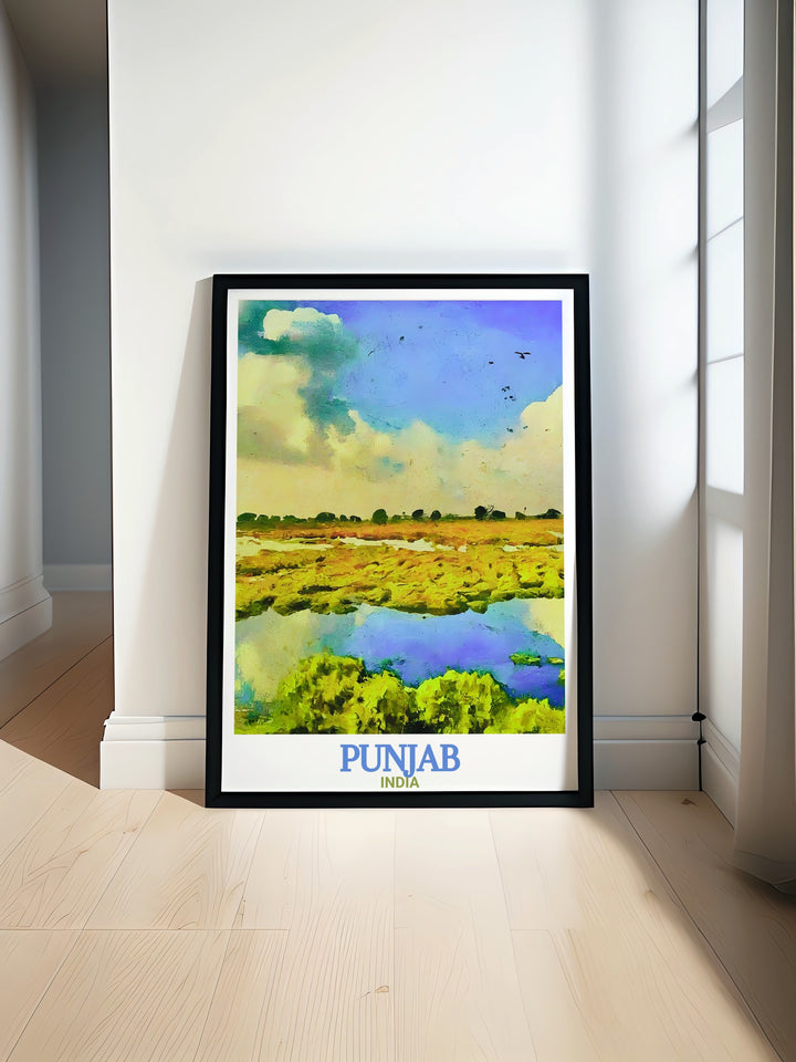 A stunning travel poster capturing the natural beauty of Punjabs Harike Wetland. This print is perfect for anyone who loves nature, birdwatching, or wants to add a calming, nature inspired touch to their decor. The artwork beautifully reflects the biodiversity of this unique sanctuary.