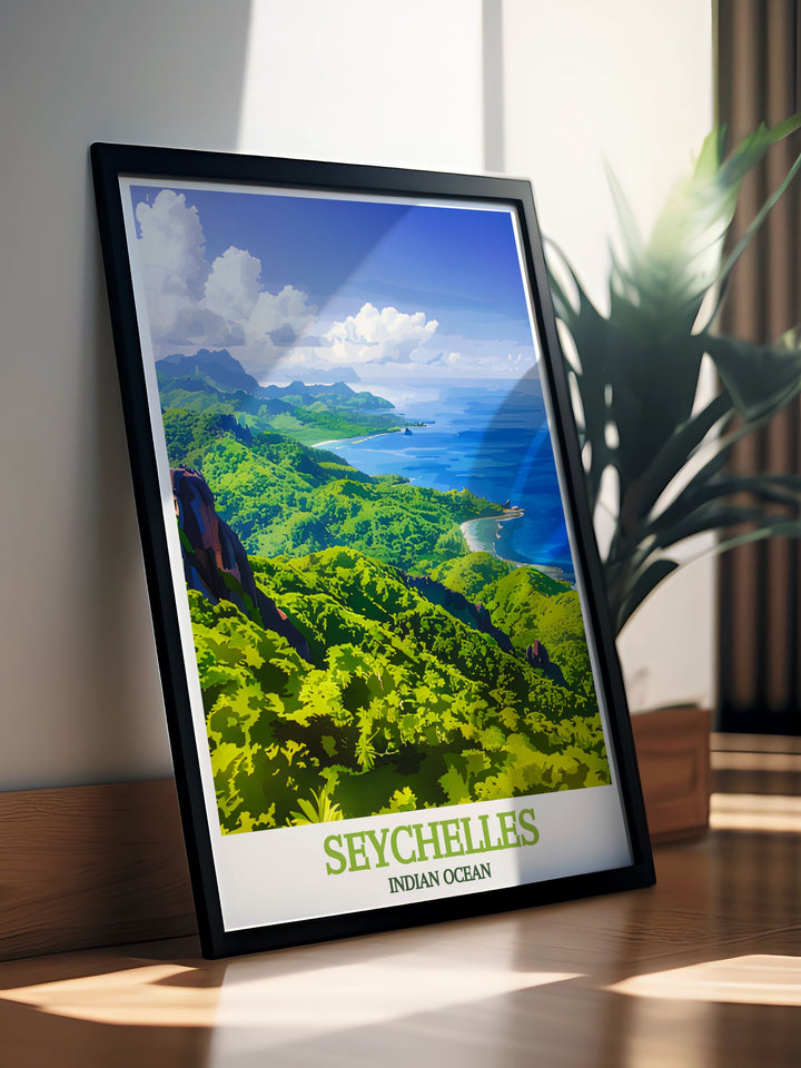 Experience the serene beauty of the Indian Ocean with this vibrant poster highlighting Vallée de Mai in Seychelles, capturing the essence of tropical paradise perfect for nature lovers and adventurers.