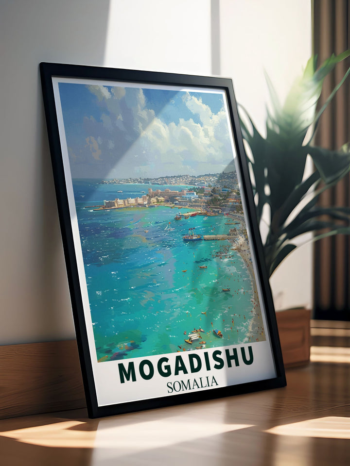 This vintage inspired poster of Mogadishu captures the essence of its rich cultural heritage and stunning coastal landmarks, offering a glimpse into one of Africas most intriguing destinations.