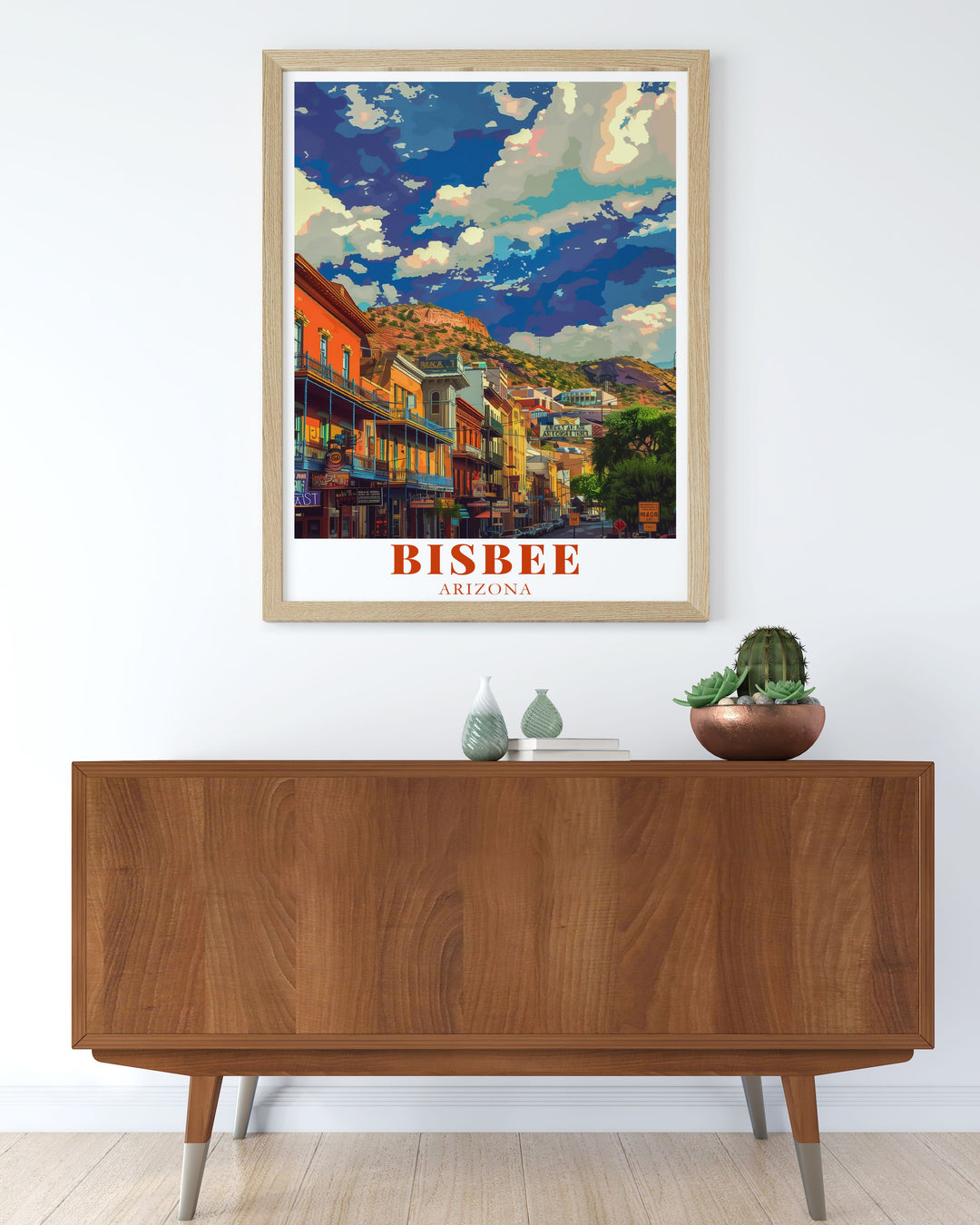 Arizona wall art showcasing Historic Downtown Bisbee in vivid detail. This Arizona travel print offers a touch of the states unique charm making it a perfect addition to your home decor or an ideal gift for those who love Bisbee.