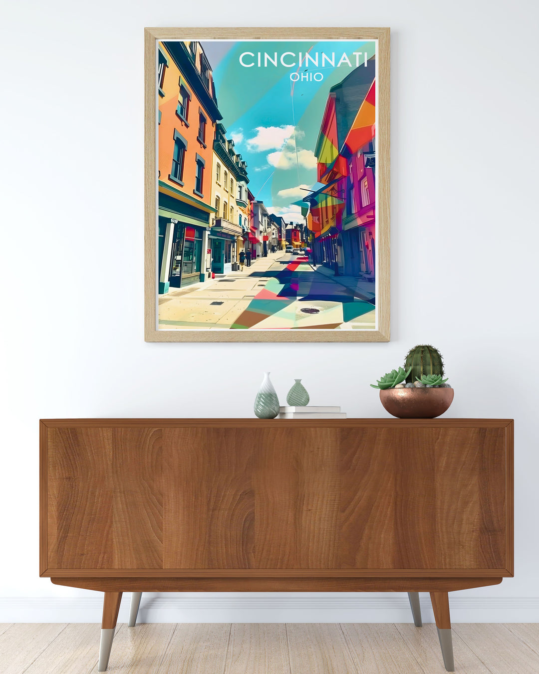 Explore the vibrant atmosphere of Cincinnati with a travel poster featuring Findlay Market. This print highlights the bustling market and its rich history, perfect for adding a touch of local charm to your decor.
