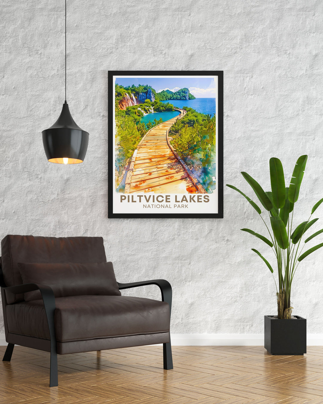 Plitvice Lakes Boardwalk home decor ideal for nature lovers this travel print captures the stunning beauty of Croatias Plitvice Lakes adding a touch of tranquility and elegance to your home perfect for living rooms bedrooms and offices