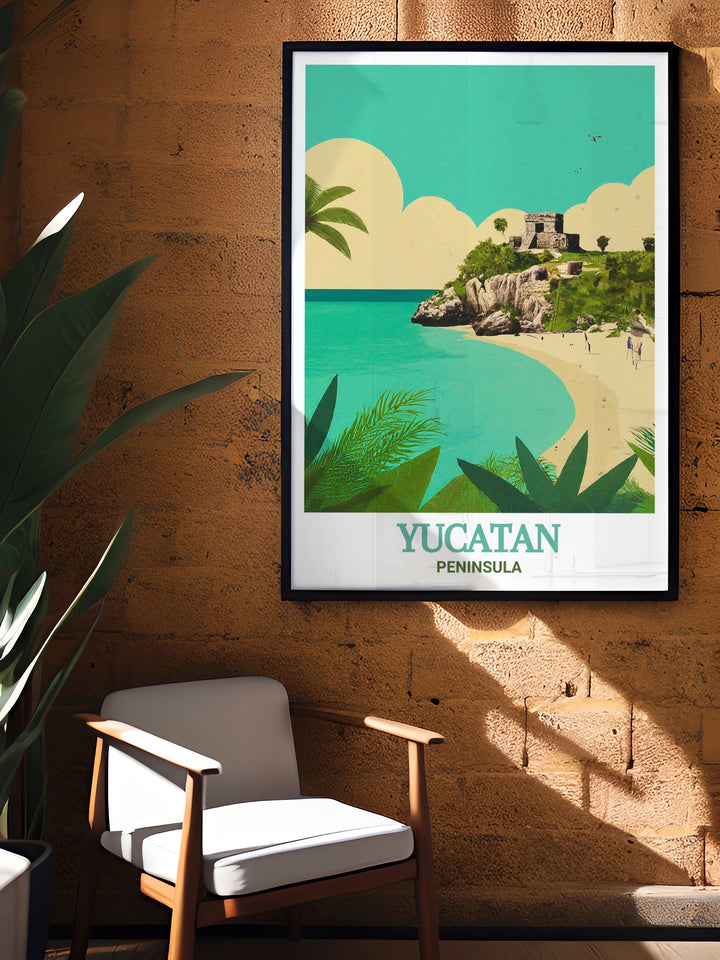 This canvas print of Tulums famous ruins showcases the dramatic cliffs of the Yucatan Peninsula, with the azure waters of the Caribbean stretching into the horizon. A perfect way to bring the spirit of travel and exploration into your home, this artwork adds a dynamic visual element to any room.