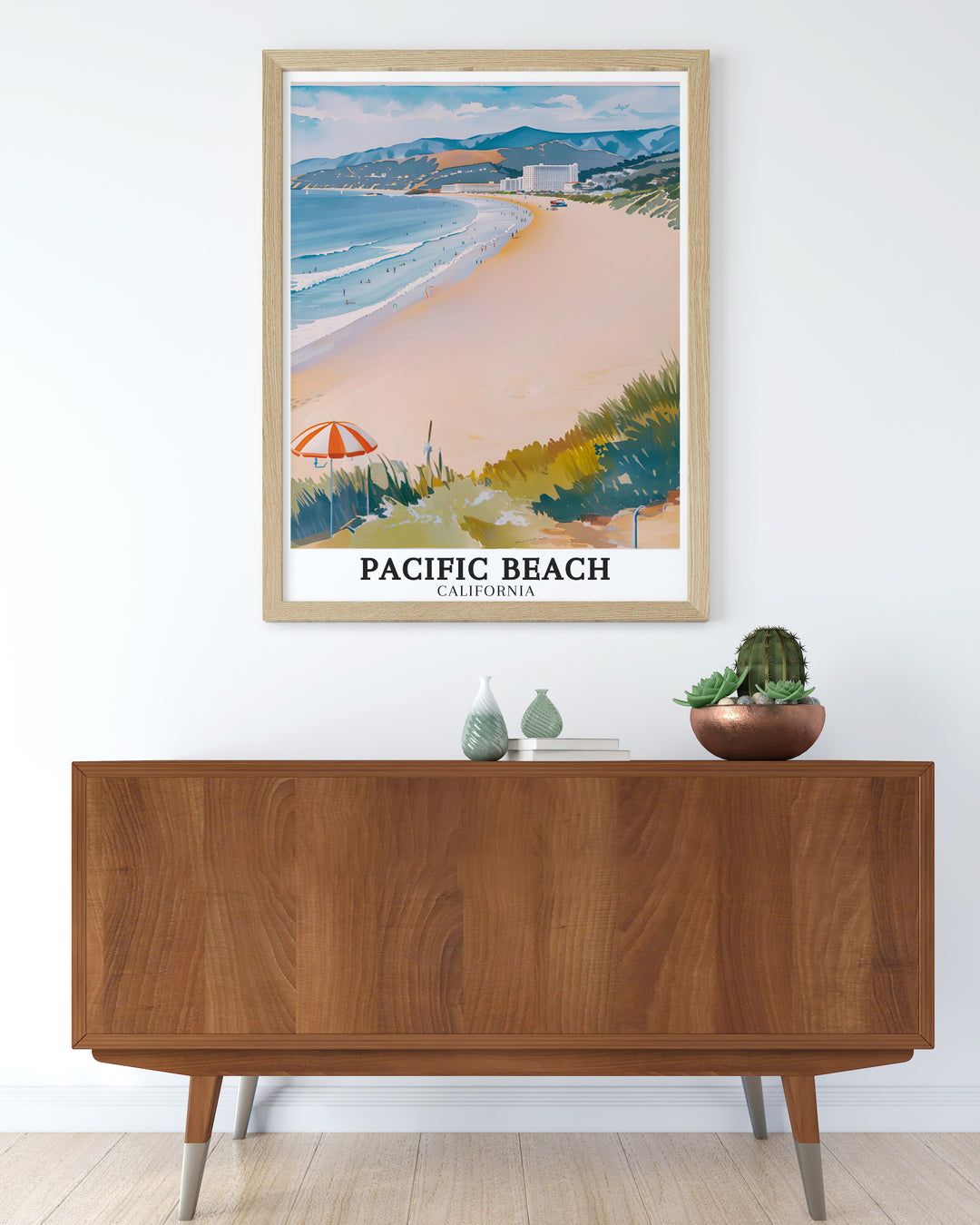 Bring the beauty of Pacific Beach into your home with this vibrant travel print. Featuring the Pacific Hotels and the endless blue skies of San Diego, this artwork is ideal for anyone who loves the beach life.