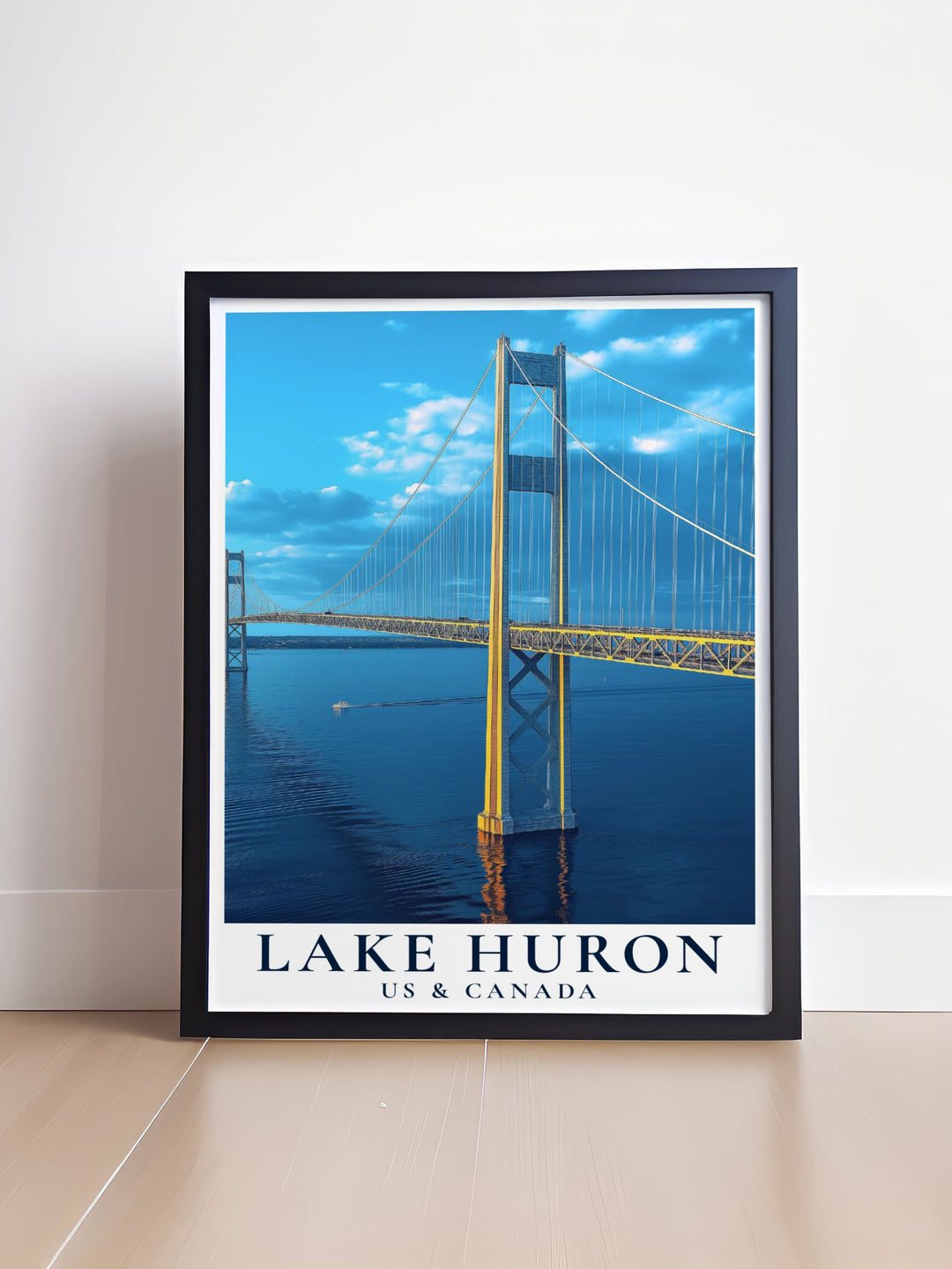 Enhance your living space with the stunning Lake Huron modern prints featuring the Mackinac Bridge. These artworks provide a blend of natural beauty and modern decor perfect for creating an elegant and tranquil atmosphere in any room of your home