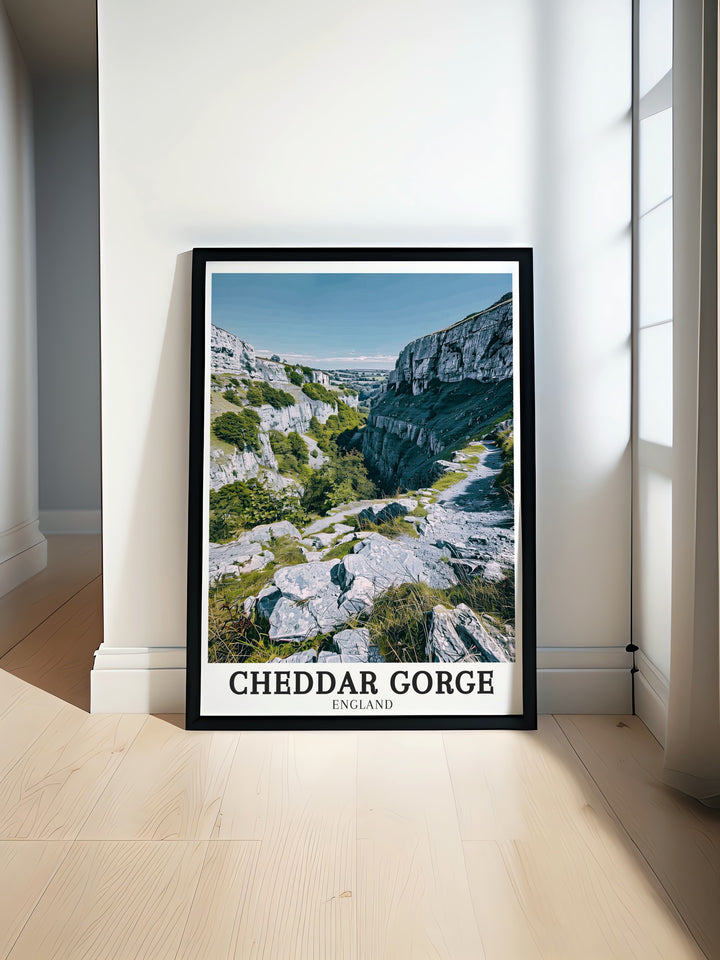 Mendip Hills wall art featuring Cheddar Gorge and Cheddar Yeo, highlighting the striking contrast between rugged cliffs and peaceful countryside, perfect for a vintage travel print collection.