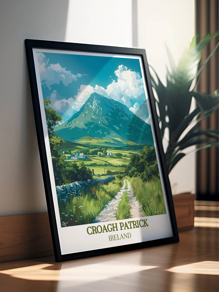 A breathtaking depiction of Tochar Phadraig and the iconic Croagh Patrick Trail capturing the spiritual journey and natural beauty of County Mayo Ireland. This Irish wall art print is ideal for travel enthusiasts and those who appreciate Irish history.