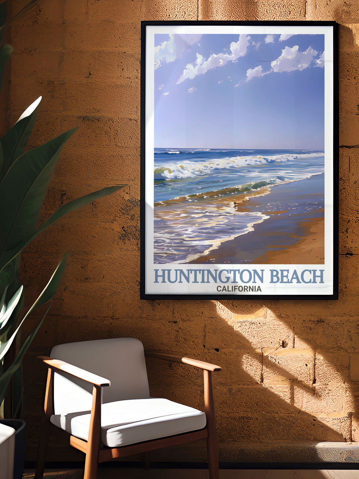 A colorful travel poster highlighting Huntington Beach and Huntington State Beach, California. This vibrant artwork is perfect for adding a coastal touch to your décor or as a thoughtful gift for anyone who loves the ocean and Californias laid back lifestyle.