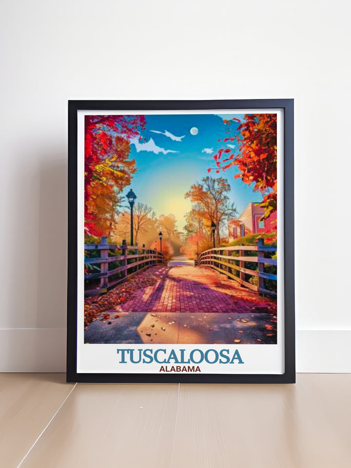 Elegant Tuscaloosa painting with the Tuscaloosa Riverwalk and city map a perfect piece of Tuscaloosa decor and wall art that brings the iconic landmarks of Alabama into your home ideal for gifts and enhancing any living space