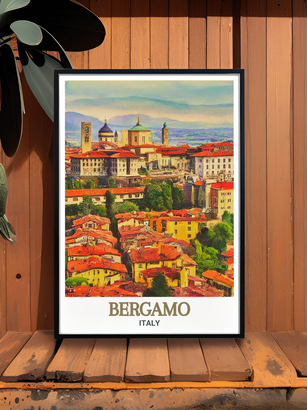 Bergamo travel print depicting Città Alta. Highlighting the rich history and cultural heritage of this picturesque Italian town. Perfect for modern and traditional decor. High quality materials ensure lasting beauty and vibrancy.