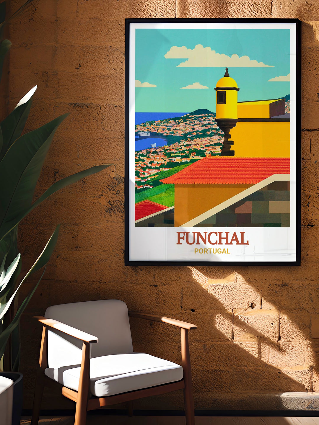 Portugal wall poster featuring the São Tiago Fortress in Funchal. The poster highlights the fortresss architectural beauty and its strategic location overlooking the sea. This piece adds a touch of historical elegance to any room, making it a perfect addition to your home decor.