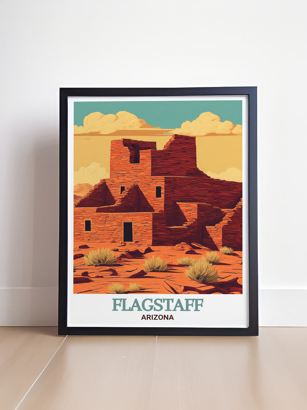 Stunning Flagstaff wall art featuring Wupatki National Monument framed prints is perfect for enhancing your home. The colorful design and fine line work capture the essence of urban life and historic landmarks making it ideal for modern decor.