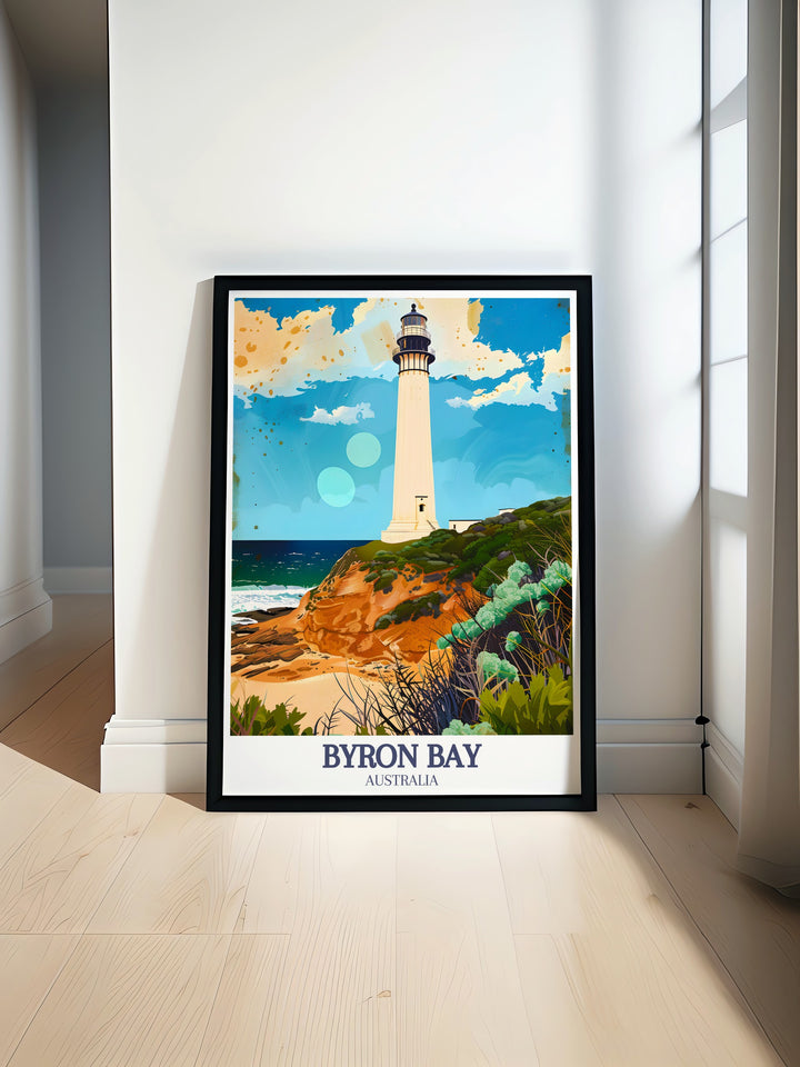 Byron Bay Print featuring Main Beach and Byron Bay Lighthouse a vibrant art piece perfect for enhancing home decor or as a thoughtful gift. This colorful artwork showcases the beauty of Byron Bay in stunning detail.