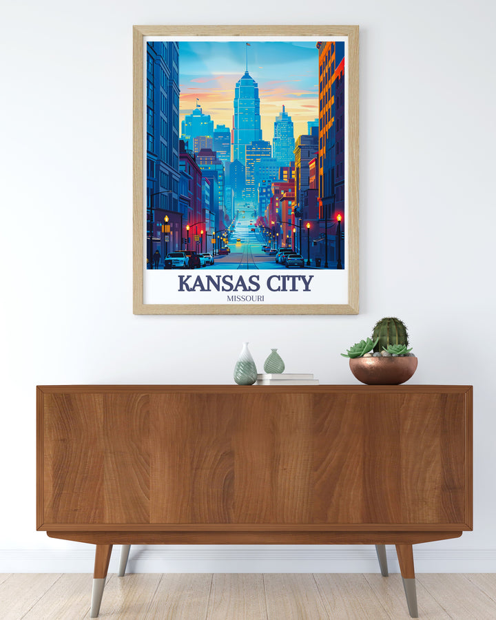 Kansas City wall poster featuring the dynamic skyline and iconic Main Street. Perfect for urban art fans or Kansas City enthusiasts, this travel art print offers a stunning visual representation of Missouris thriving city.