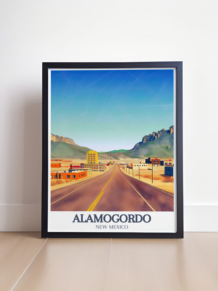 This New Mexico travel poster features the Sacramento Mountains and the iconic US 82 road highlighting the natural beauty of Alamogordo perfect as a New Mexico art print for home decor or as a thoughtful gift for lovers of southwestern landscapes and adventure.