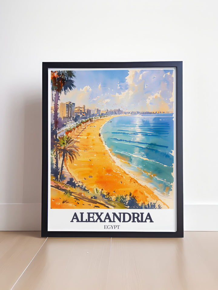 Celebrate the beauty of Alexandria Egypt with this art print of Stanley Beach and Corniche Promenade. This vibrant artwork is ideal for adding a splash of color and history to your home decor.