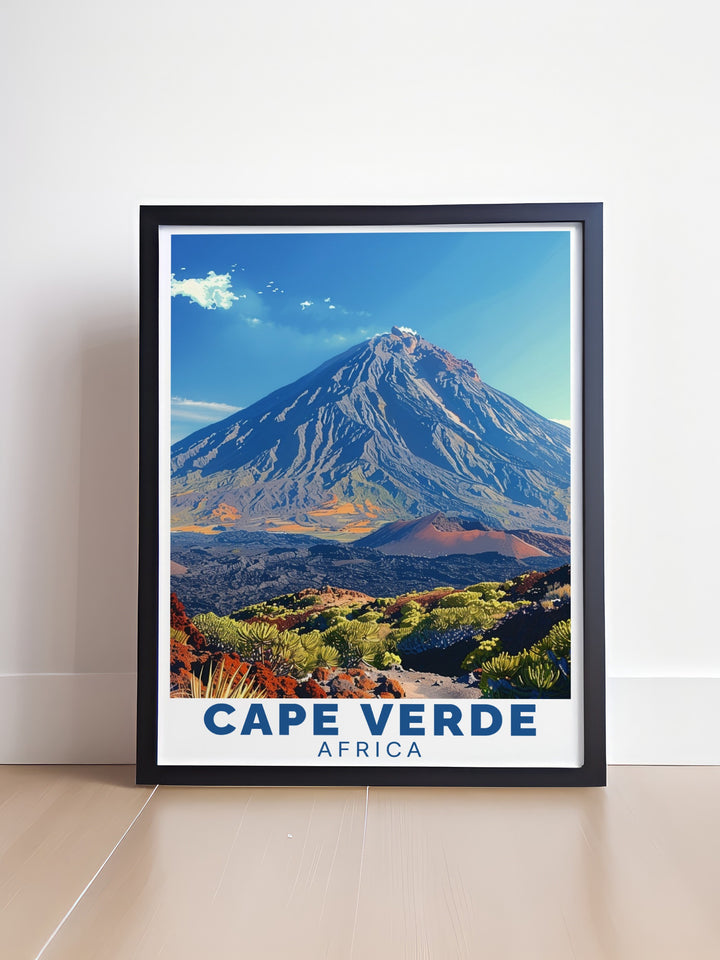 This travel print captures the essence of Cape Verde, with its dramatic volcanic landscapes and peaceful coastal views. The attention to detail and vibrant colors make this wall art a perfect addition to any space, celebrating the beauty of Africas islands.