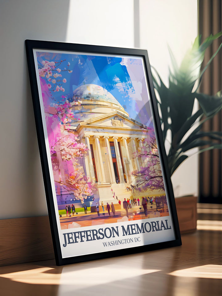 Capture the beauty of Washington D.C. with this Jefferson Memorial wall print. Highlighting the neoclassical dome and Tidal Basin view, this historical art piece is ideal for patriotic decor or as a unique Fathers Day gift.