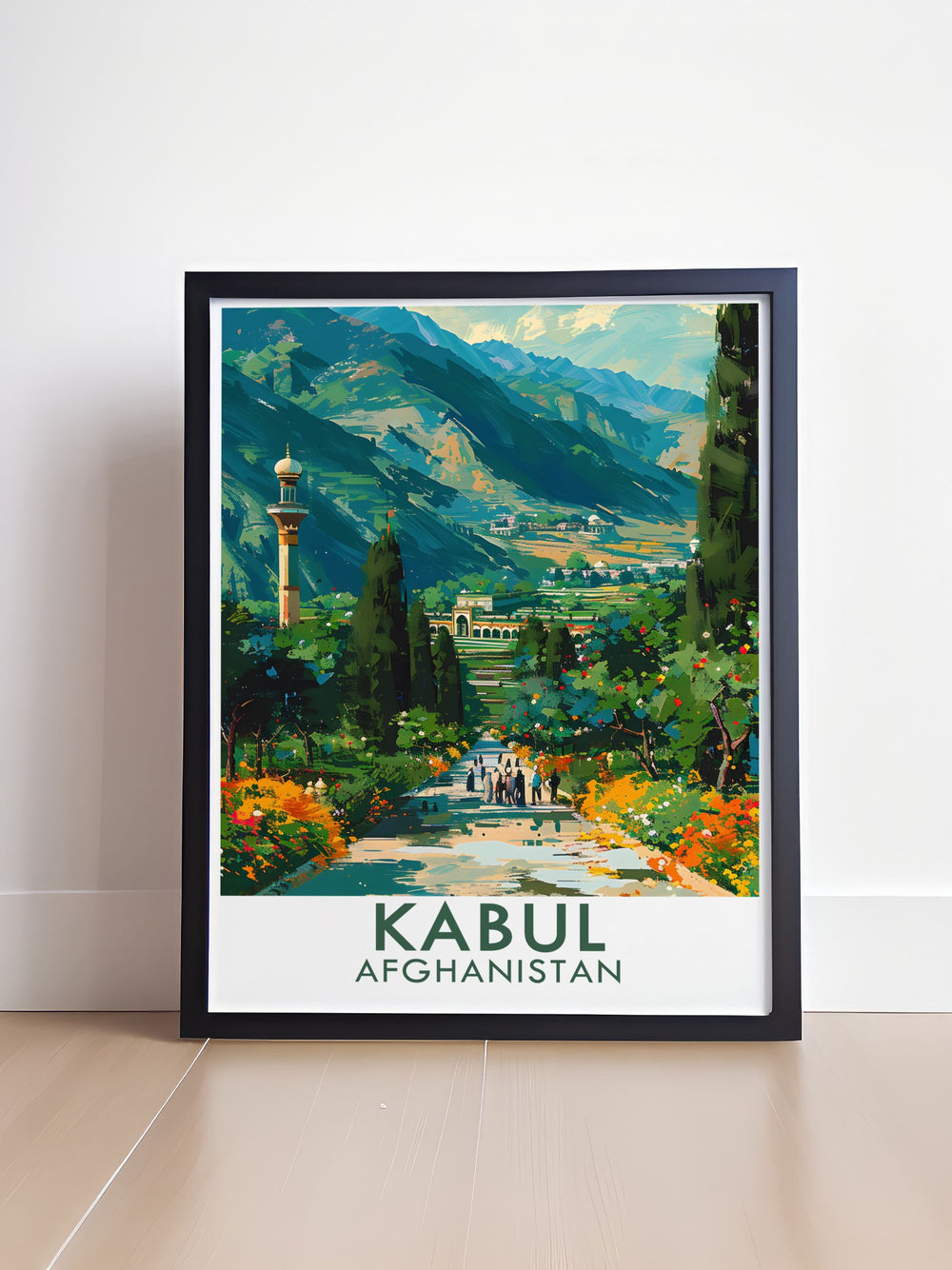 Travel poster of Baburs Garden in Kabul, showcasing the lush greenery and intricate pathways of this historic Mughal era garden. The serene water features and vibrant flowers create a tranquil atmosphere, perfect for enhancing your home decor.