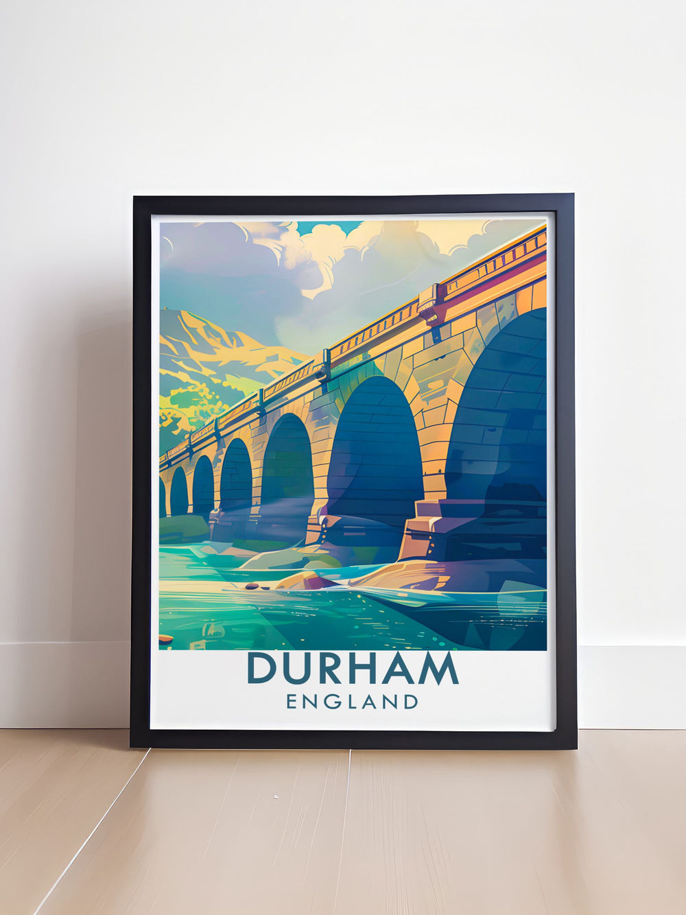 This art print showcases Durhams iconic riverside, dominated by the elegant arches of Prebends Bridge and surrounded by lush greenery, perfect for enhancing any home or office decor.