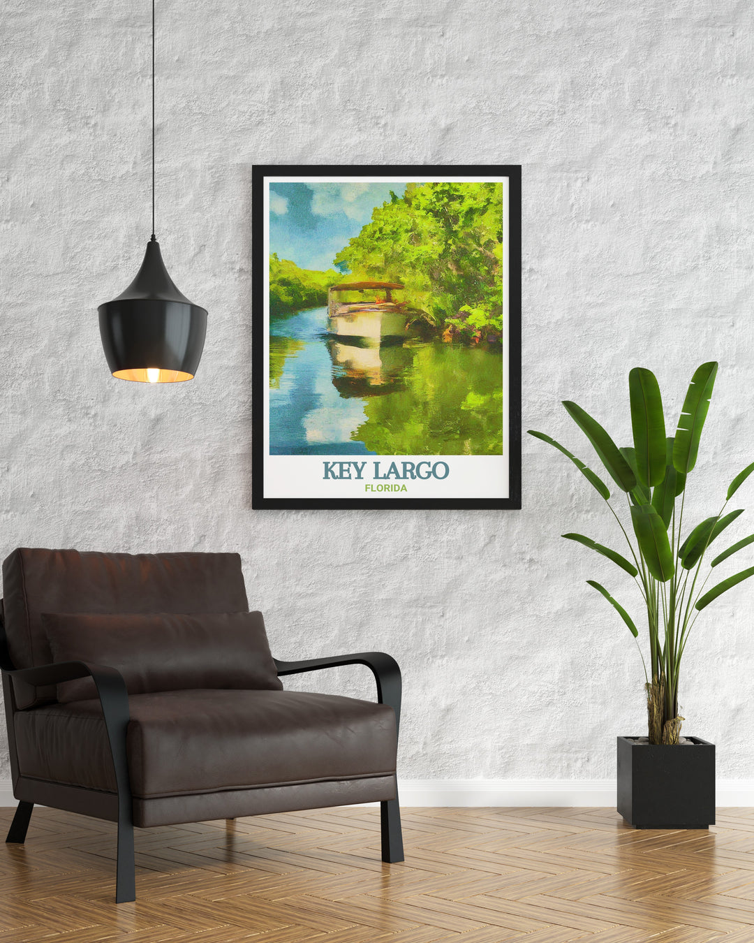 Capture the tropical beauty of Key Largo and the iconic African Queen Canal Cruise in this modern art print perfect for those who love travel Florida destinations and unique home decor inspired by the vibrant landscapes of the Florida Keys.