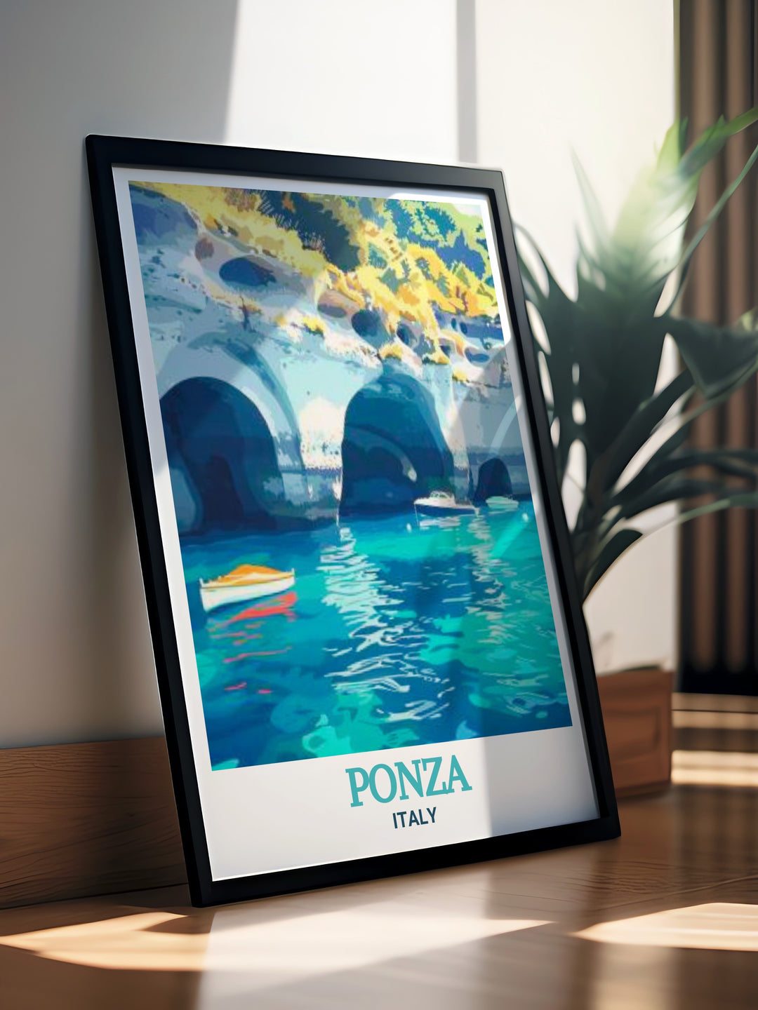 Ponzas Grotte di Pilato is a historic site that combines natural beauty with ancient architecture. This print highlights the intricate cave system and the peaceful waters of the Tyrrhenian Sea. Ideal for those who appreciate Italys cultural heritage, this artwork brings a sense of calm and wonder to your home.