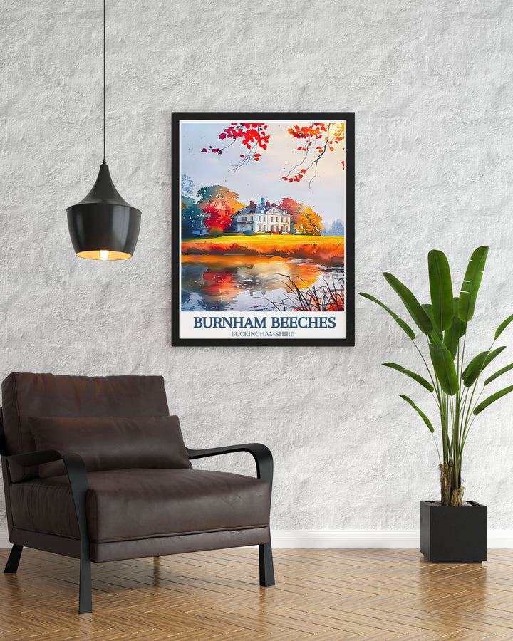 Experience the serene beauty of Burnham Beeches and the peaceful retreat of Kilnwood with this retro travel poster, perfect for enhancing your living space with a piece of Buckinghamshire.
