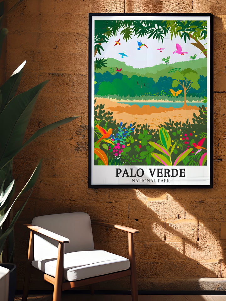 Discover the natural beauty of Costa Rica with this Palo Verde National Park poster art featuring the Arenal Tempisque Conservation Area Tempisque River making it an ideal piece of decor for homes that value travel wildlife and exotic destinations.