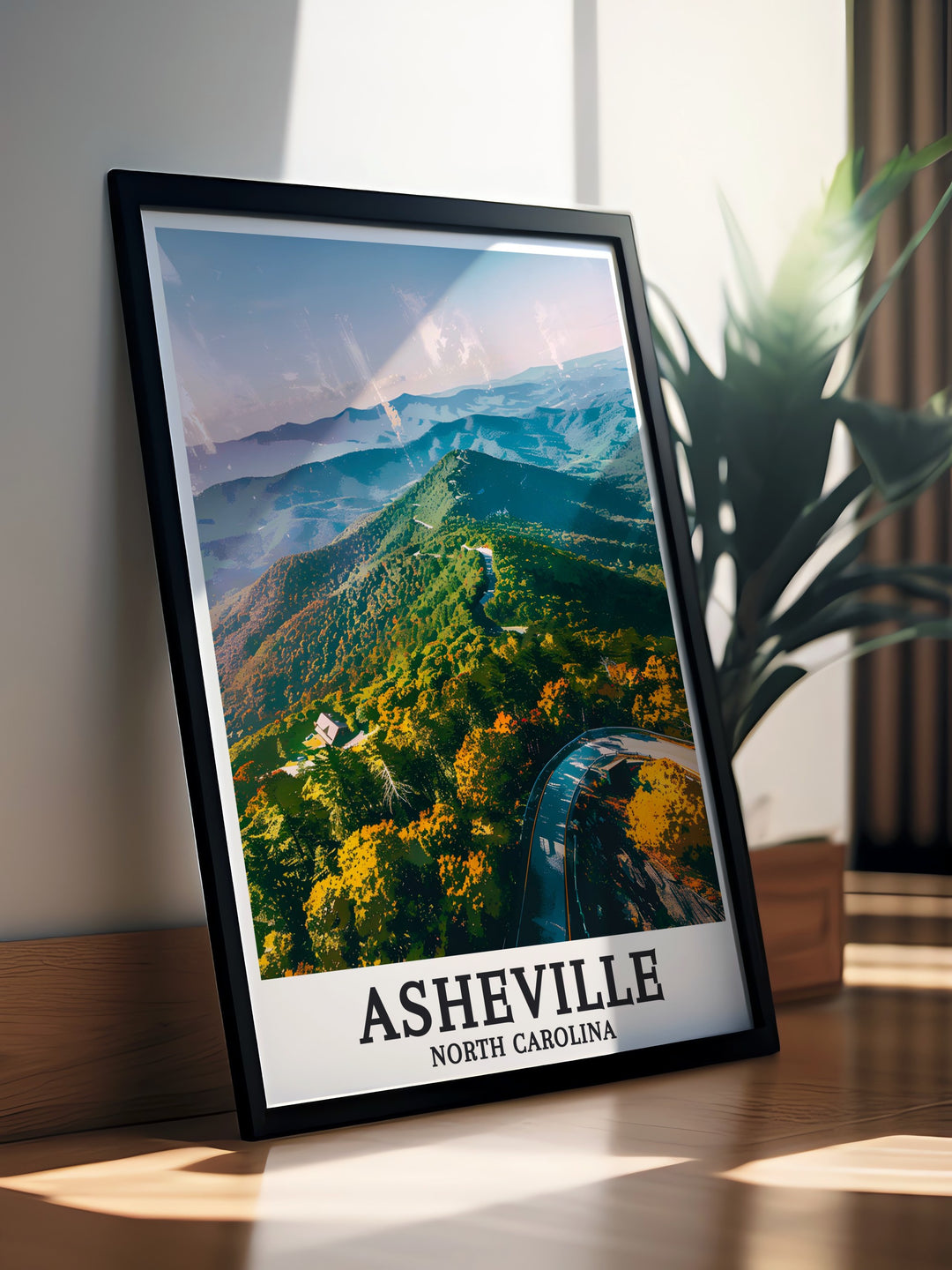 Elevate your living space with this Asheville Art Print capturing the Blue Ridge Parkway and Blue Ridge Mountains in colorful detail making it an ideal addition to your home decor or a memorable gift for friends and family who love Asheville.