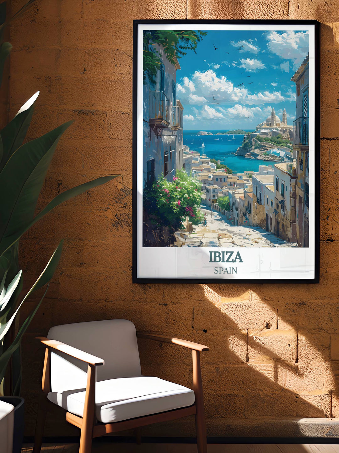 Dance Music Art poster showcasing the dynamic O Beach Day Club and the historical Dalt Vila Ibiza Old Town perfect for adding a touch of Ibizas lively nightlife and rich history to your wall art collection
