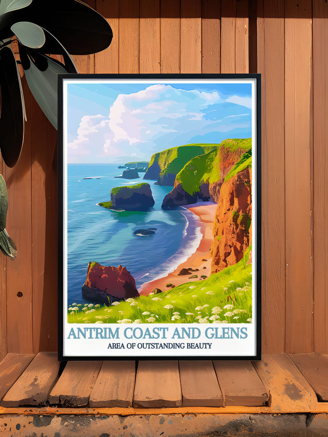 Art print of Northern Irelands rugged coastline, emphasizing the raw beauty of the Antrim Coast and Glens AONB.