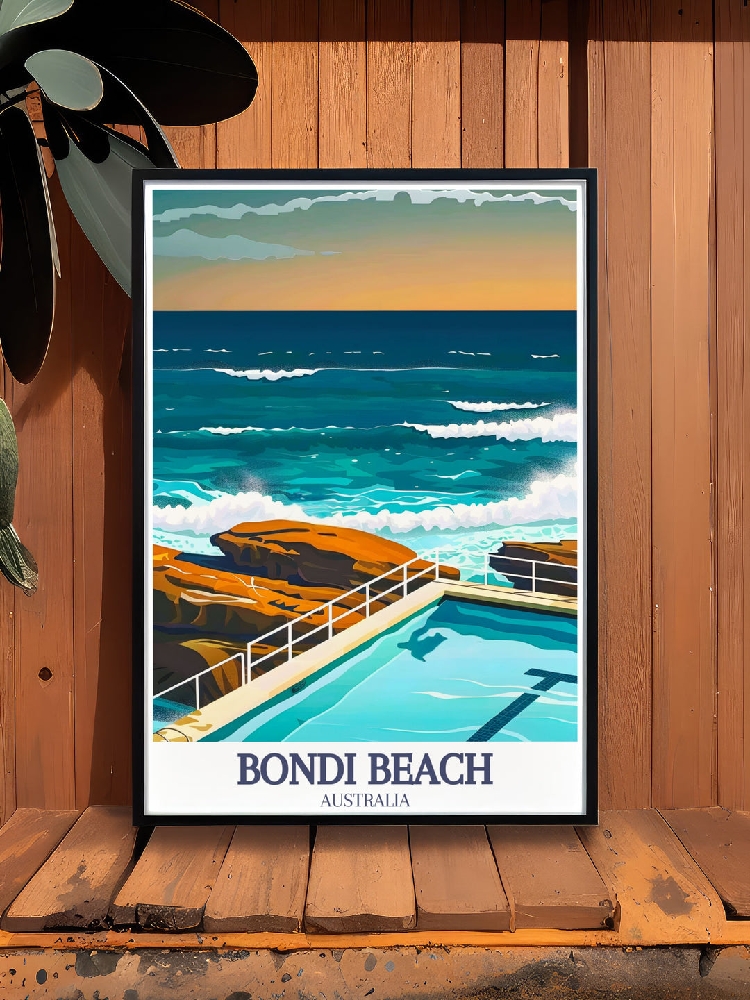 Sydney poster featuring the iconic Harbour Bridge and Sydney Opera House. Bondi Icebergs pool Bondi digital print capturing the lively beach atmosphere. Perfect for adding a touch of nostalgia and contemporary style to your living space.