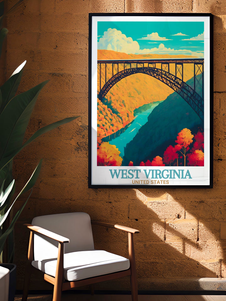 Bring the scenic beauty of West Virginias Allegheny Mountains into your home with this travel art print featuring Snowshoe Ski Resort and New River Gorge Bridge perfect for transforming your living space into a celebration of nature and outdoor adventure.