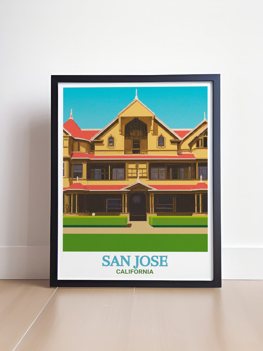 Canvas art of the Winchester Mystery House, highlighting its elaborate design and mysterious allure. A perfect piece for those who love the mix of history, mystery, and Californian culture.