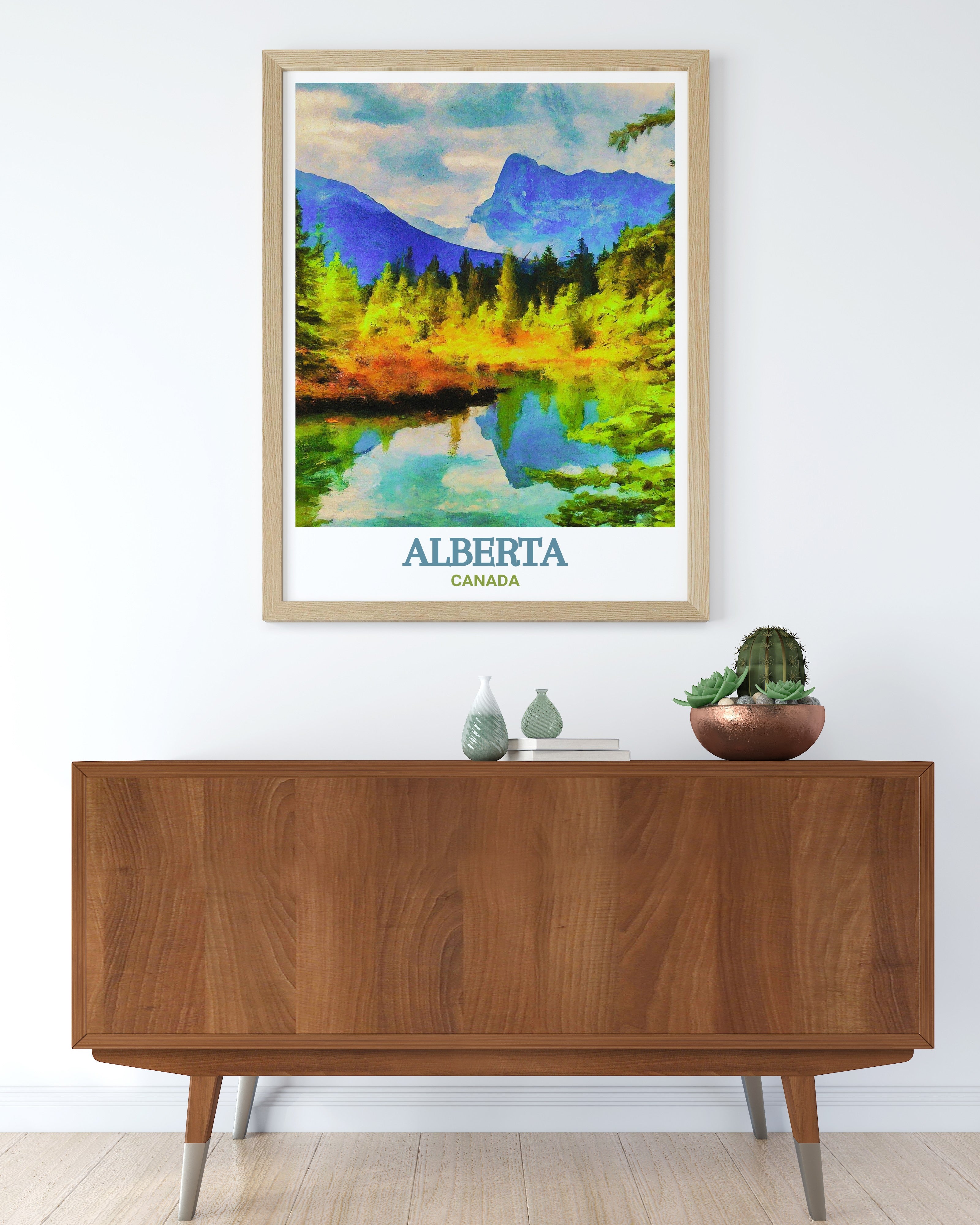 Jasper National Park poster in a final lifestyle display from MapYourDreams, original Canadian Rockies wall art print shown in a contemporary home interior, framed Alberta mountain and glacier art available as canvas and unframed prints shipping worldwide