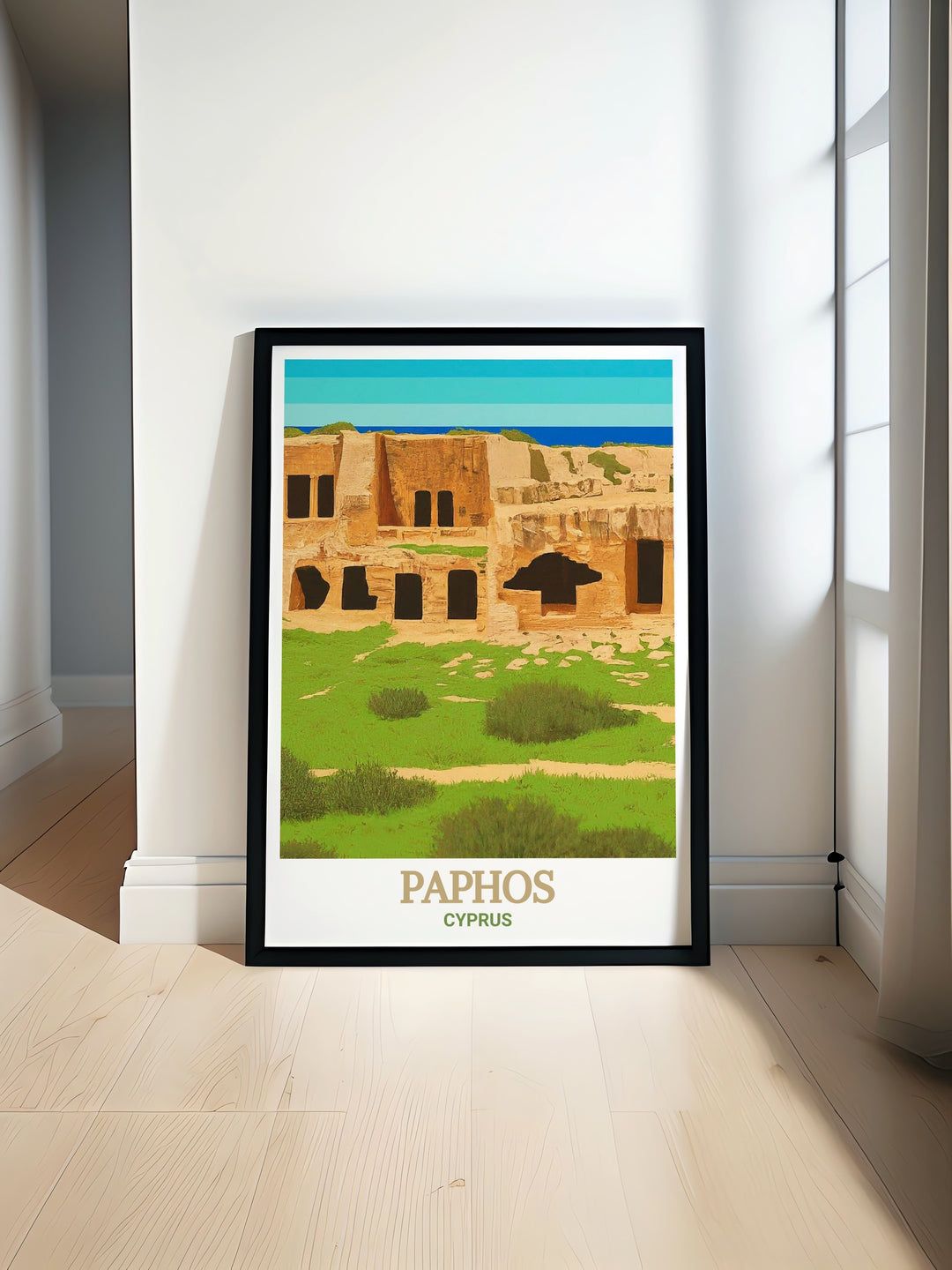 Celebrate the history and beauty of Paphos with this beautifully crafted framed art, featuring the iconic Tombs of the Kings set against the serene Mediterranean waters. The classic framing adds a touch of sophistication.