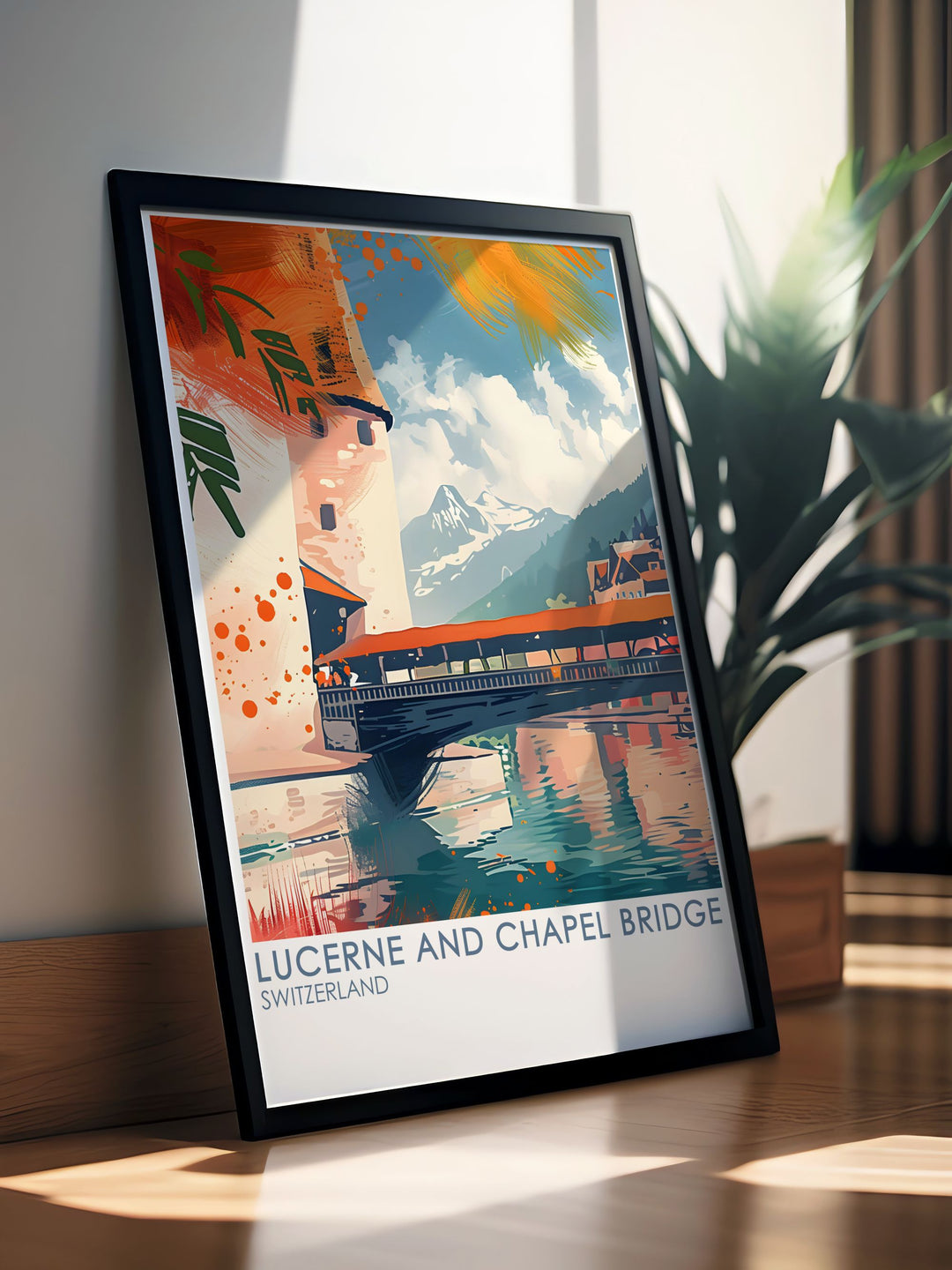 Swiss Alps Print highlighting the majestic peaks of Grindelwald and Lauterbrunnen combined with Lucerne and Chapel Bridge elegant home decor perfect for those who appreciate natural beauty and historical landmarks