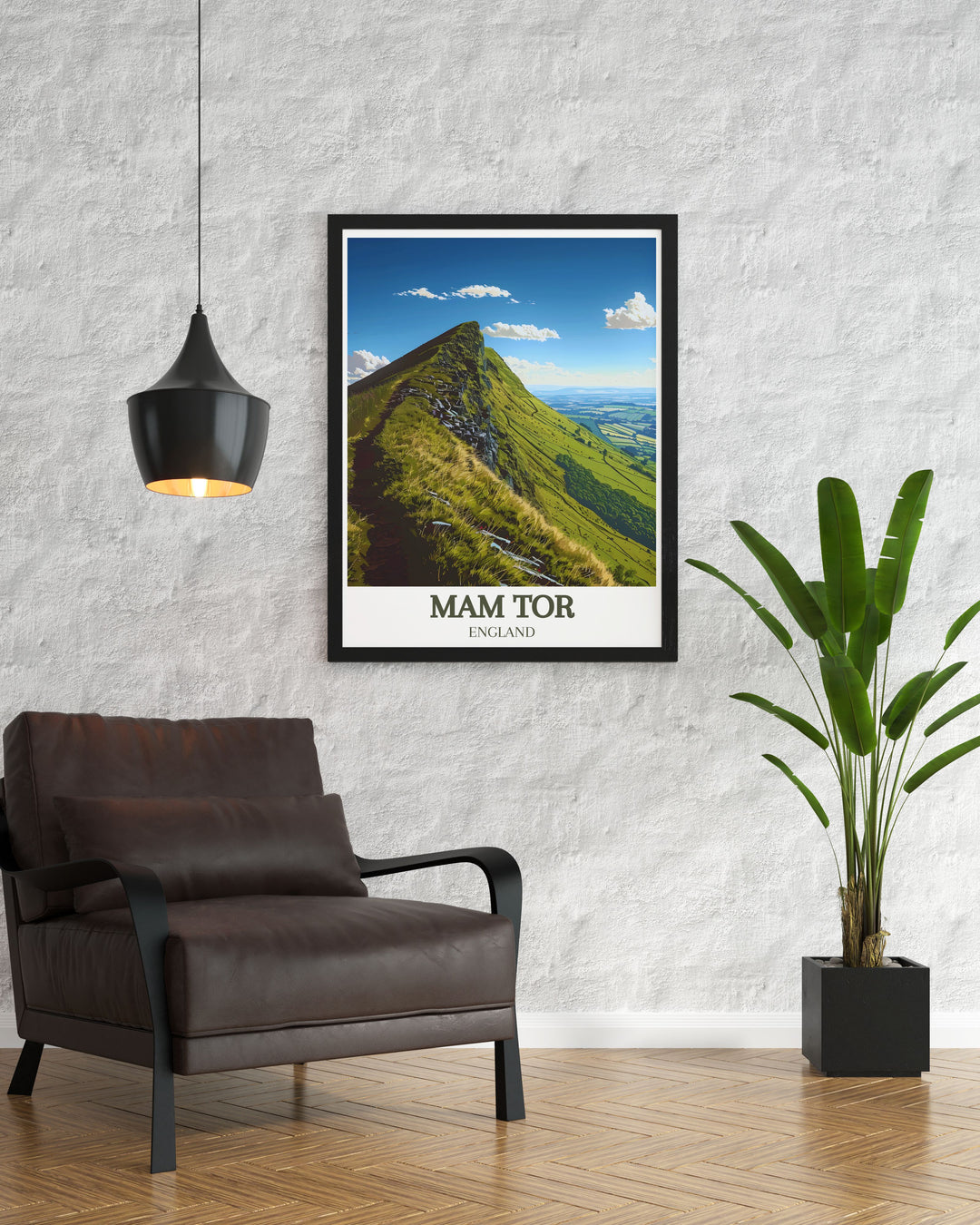 Vintage travel print of Mam Tor summit depicting the Great Ridge peaks and Hollins Cross with detailed artistry ideal for home decor or as a special gift for those who enjoy nature and hiking