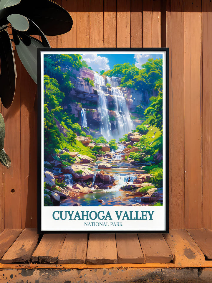 Stunning travel poster of Brandywine Falls, capturing the majestic 65 foot waterfall and surrounding lush vegetation, ideal for adding a touch of natural beauty to your living space.