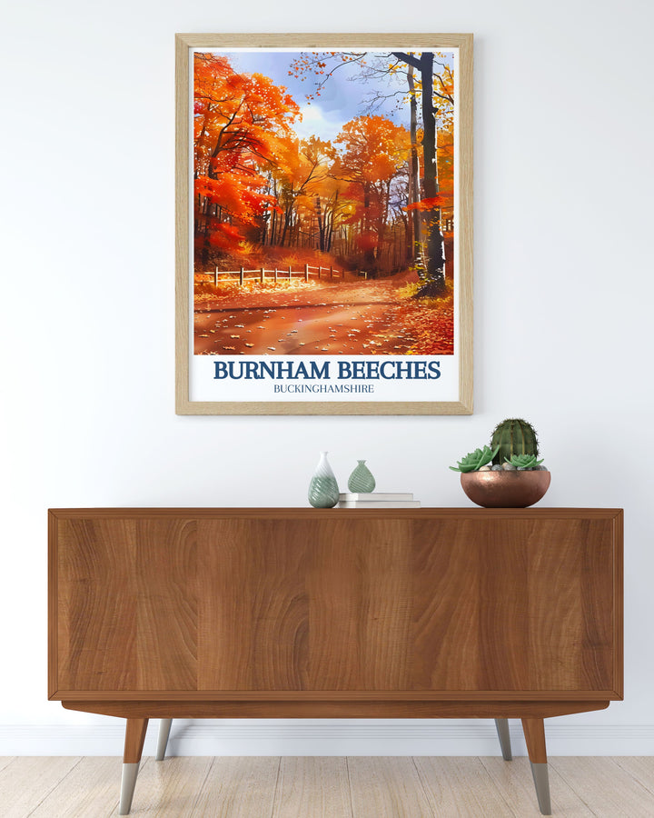 Highlighting the serene vistas of Burnham Beeches and the historic significance of Hartley Court Moat, this travel poster is perfect for those who appreciate the scenic and historical richness of the UK.