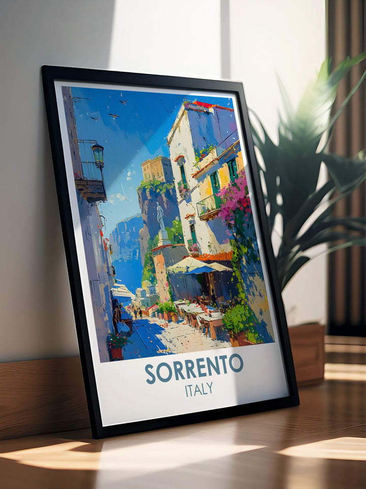 Elegant Sorrento poster featuring Piaza Tasso and the bustling square of this charming Italian town. This Italy wall art is perfect for those who appreciate fine art and want to add a piece of Italys beauty to their home or office decor.
