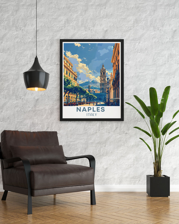 Piazza del Plebiscito Travel Poster showcasing the grandeur of this historic square set against the vibrant city of Naples Italy. Perfect for history buffs and art lovers. A stunning piece of artwork that adds Italian elegance to any room.