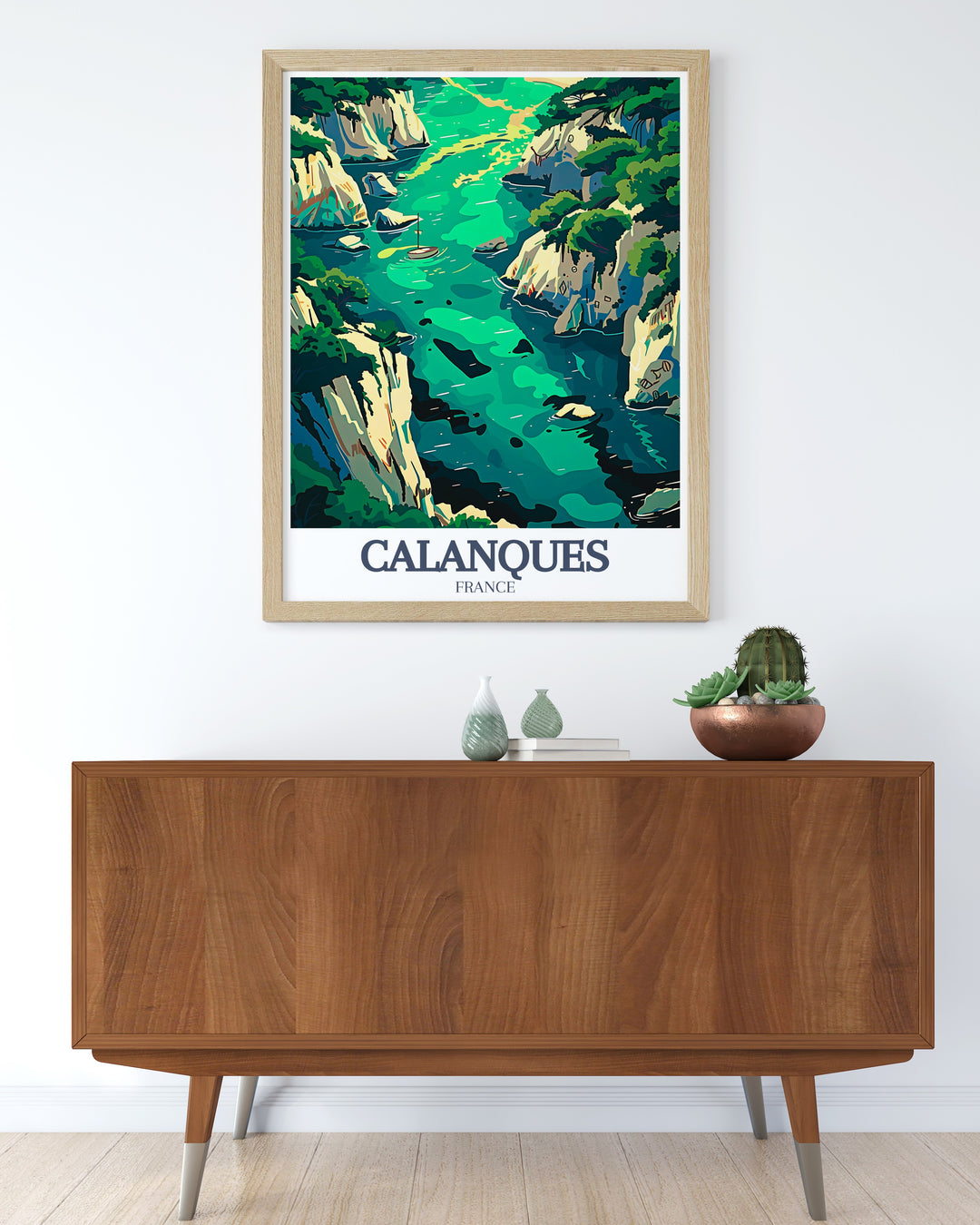 This France travel poster of Calanque de Sormiou and Calanque de Morgiou is perfect for adding a piece of the French Mediterranean to your space capturing the warmth and serenity of the southern coastline in a unique Marseille wall art piece.