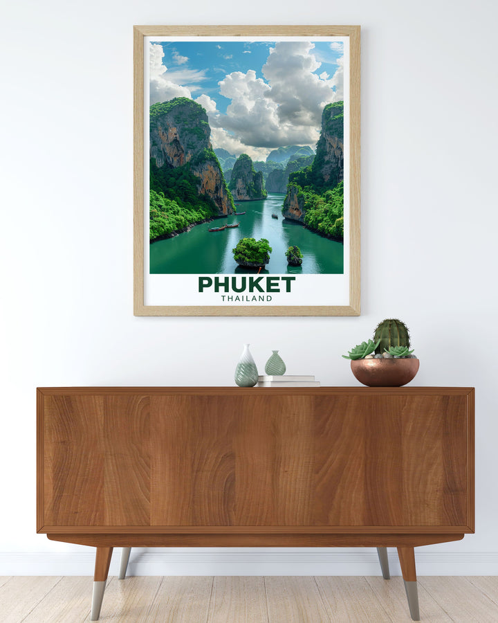 Phang Nga Bay vintage print highlighting the iconic bay scenes of Thailand perfect for those who appreciate classic travel art and want to bring a piece of Phang Nga Bays charm into their homes great for any room