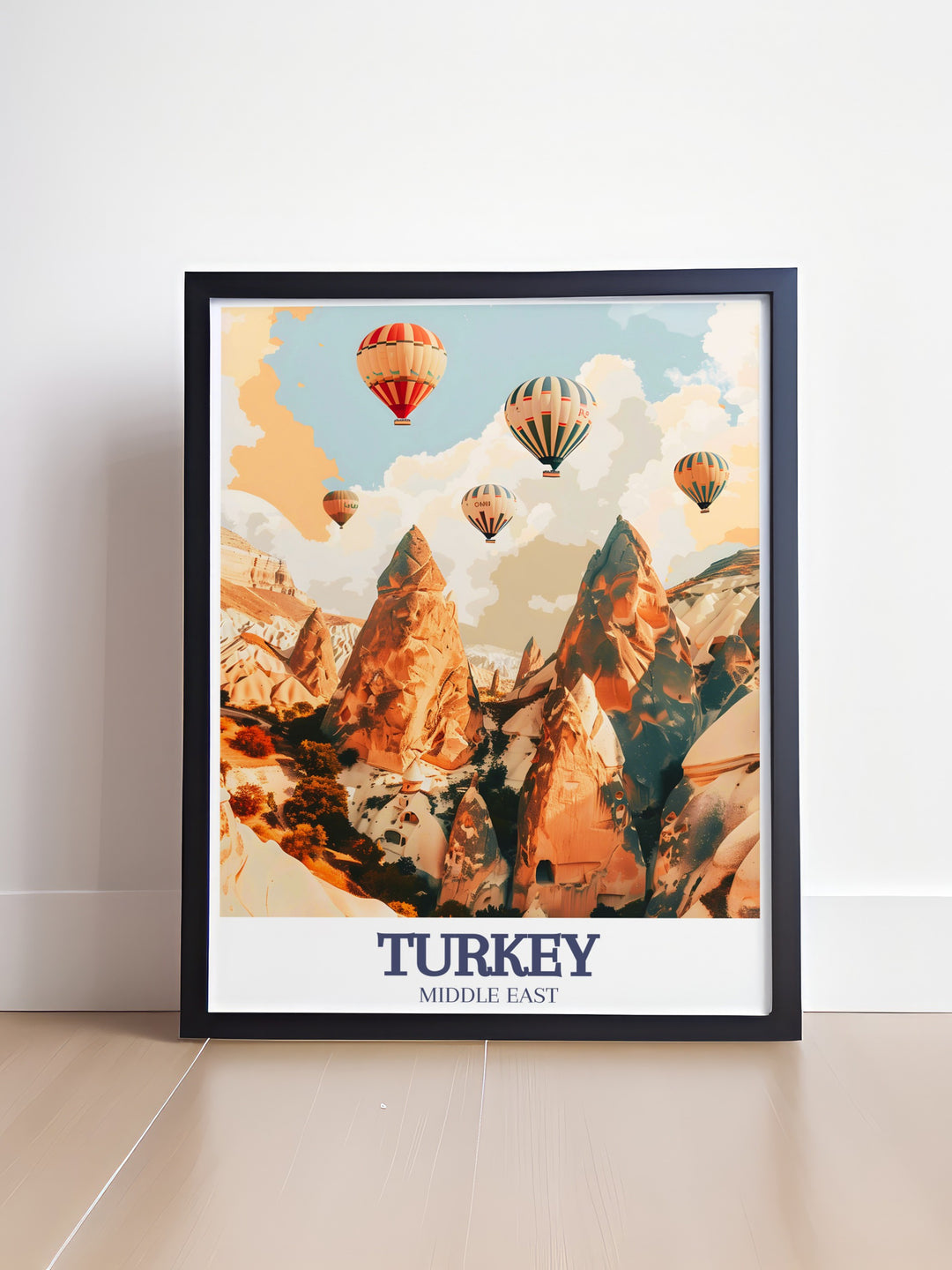 Our framed art of Monks Valley in Cappadocia is perfect for anyone who loves unique travel art. The detailed rock formations against the clear skies make this print a striking addition to any space, bringing the essence of Turkey to your wall.